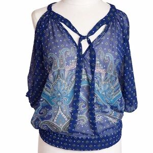 Myth NYC Cold Shoulder Paisley Peasant Blouse Boho Sheer Top Size S